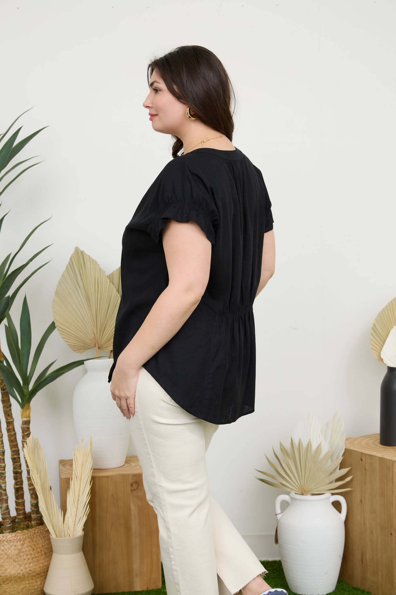 Curvy Ruched Sleeve Linen Blouse featuring elastic ruched details, split neckline, and lightweight woven fabric.