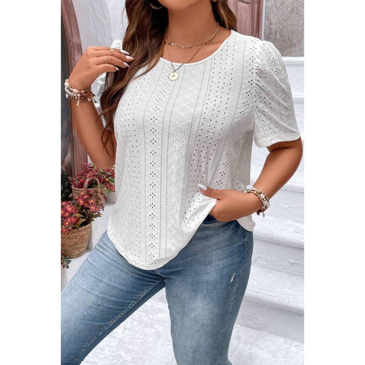 Curvy Puff Sleeve Eyelet Blouse