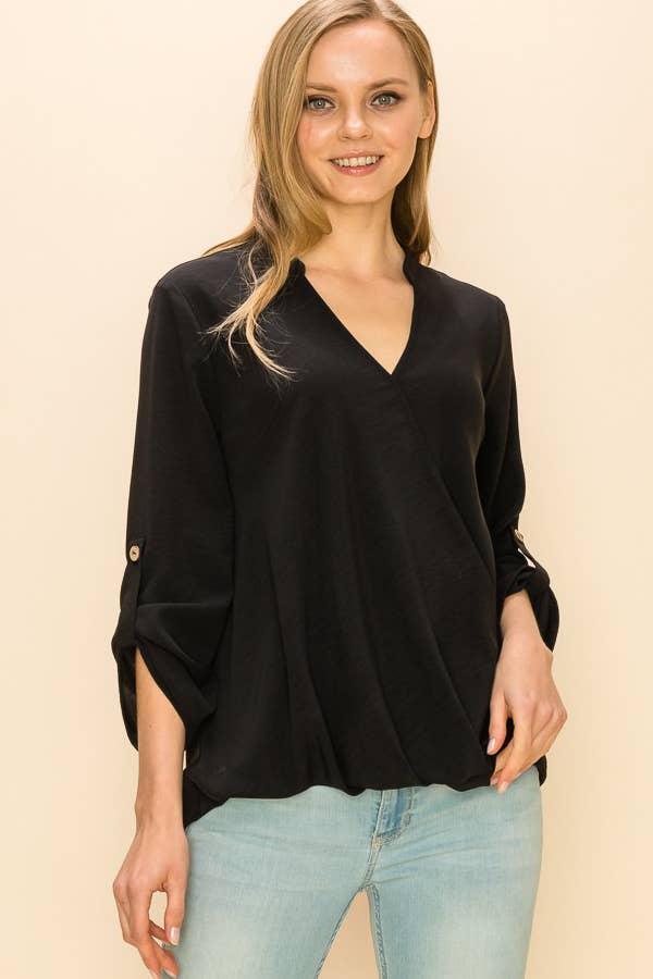 Stylish WRAP COLLAR BLOUSE featuring a faux wrap front and buttoned cuffs, perfect for a sophisticated look.