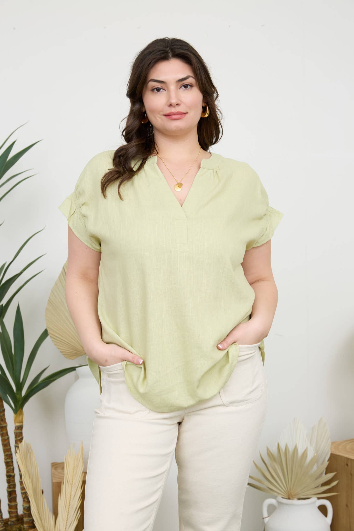 Lightweight Curvy Ruched Sleeve Linen Blouse in soft green with split neckline and ruched details for a stylish look.