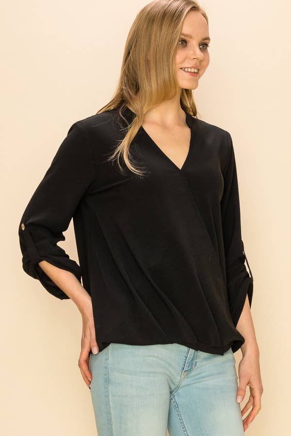 Stylish WRAP COLLAR BLOUSE featuring a V-neck, long sleeves, and asymmetrical hemline, perfect for a sophisticated look.