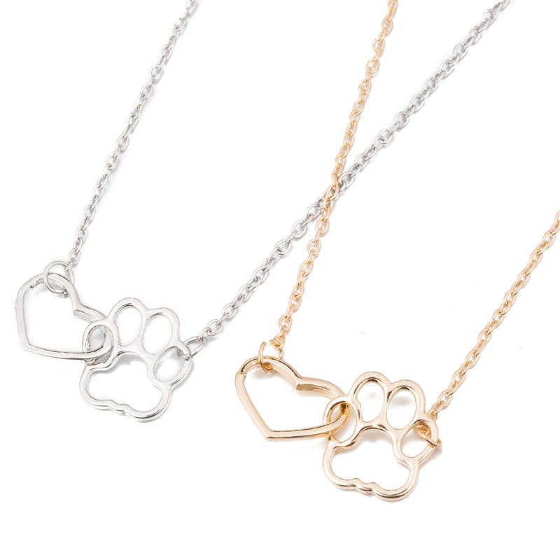 Dog Paw Heart Interlocking Charm Necklace