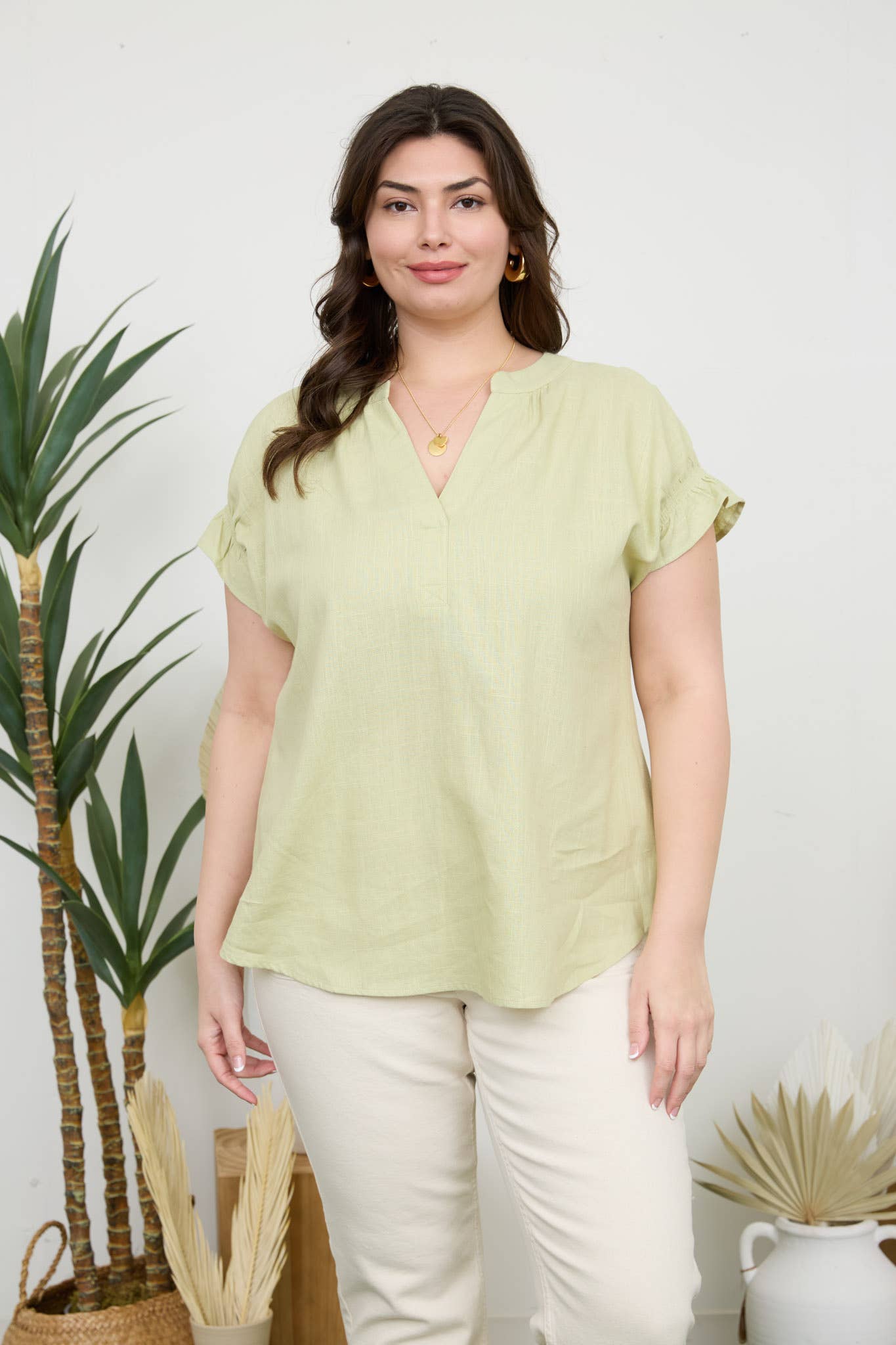 Curvy Ruched Sleeve Linen Blouse