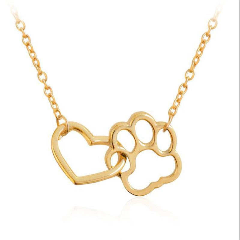 Dog Paw Heart Interlocking Charm Necklace