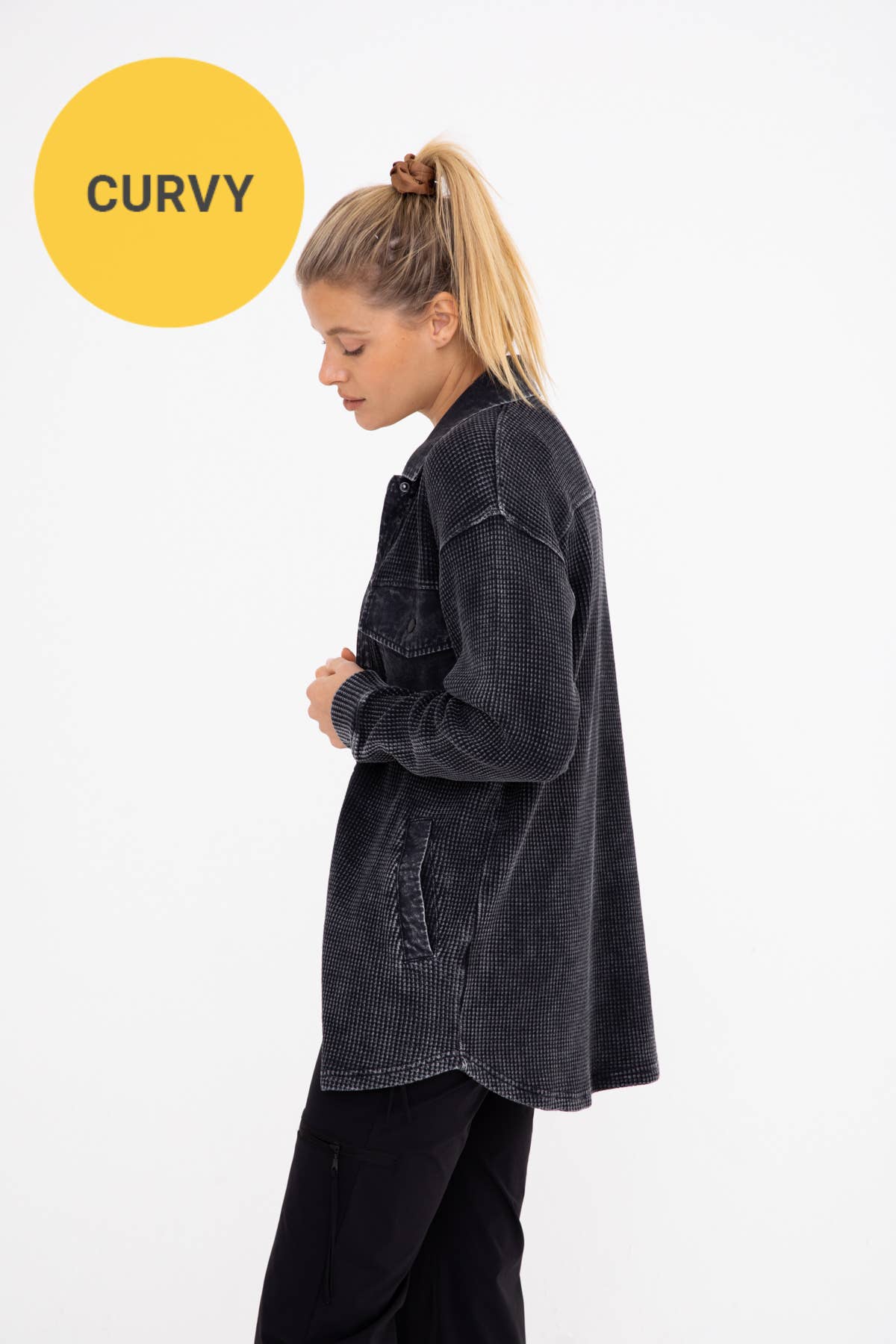 CURVY Waffle Button Down Jacket