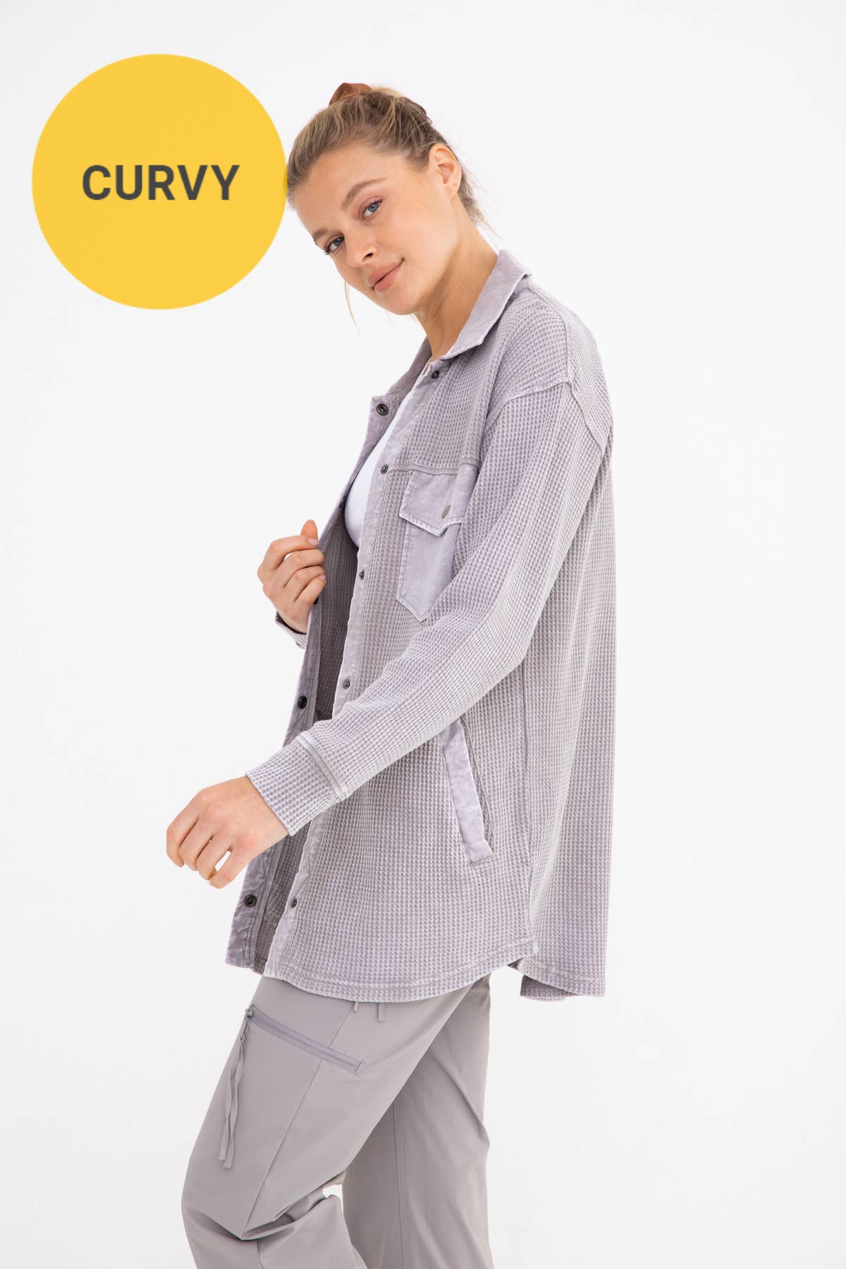 CURVY Waffle Button Down Jacket