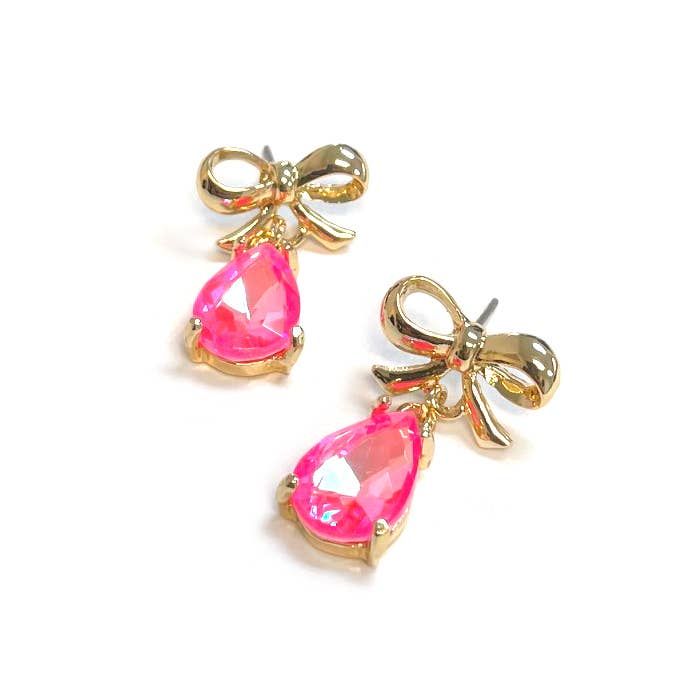 Gold Top Bow w/ Teardrop Glass Dangle Earrings