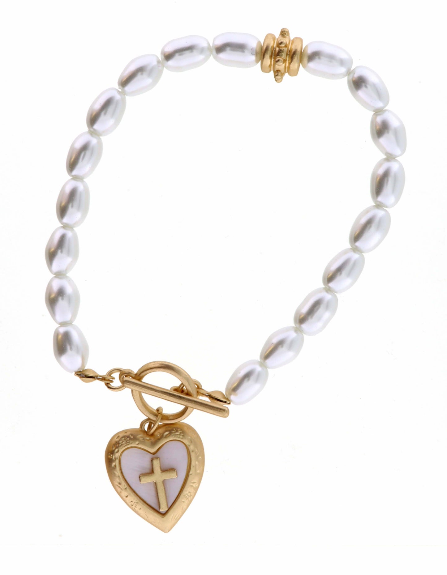 Heart Encased in Gold with Cross on Pearl Bracelet