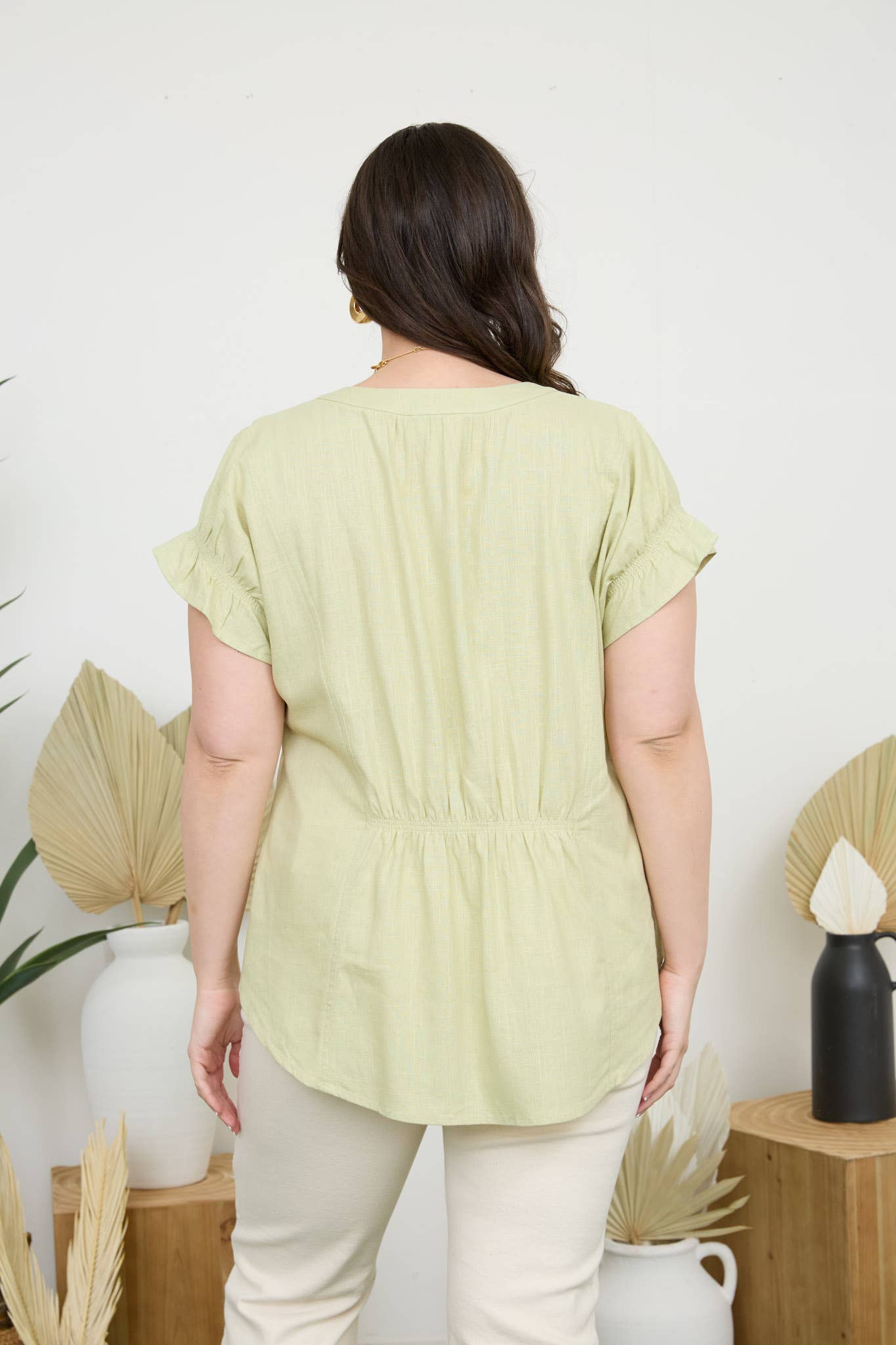 Stylish Curvy Ruched Sleeve Linen Blouse with elastic detail and a lightweight design, perfect for warm weather.