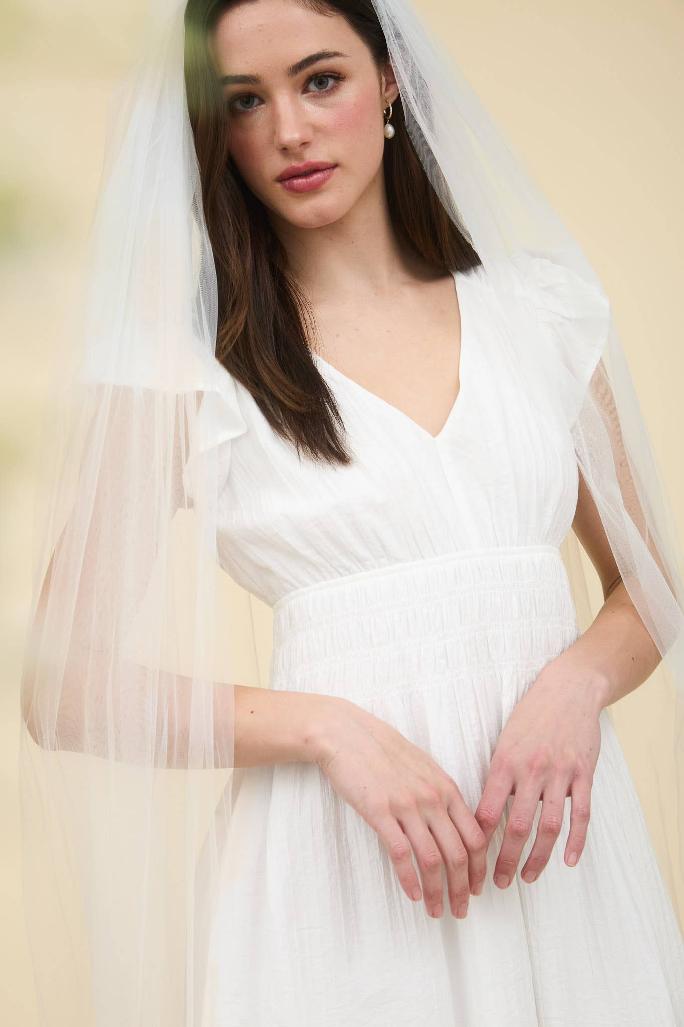Stylish RUFFLE SLEEVE MINI DRESS with V neckline, shirred elastic waist, perfect for elegant occasions.