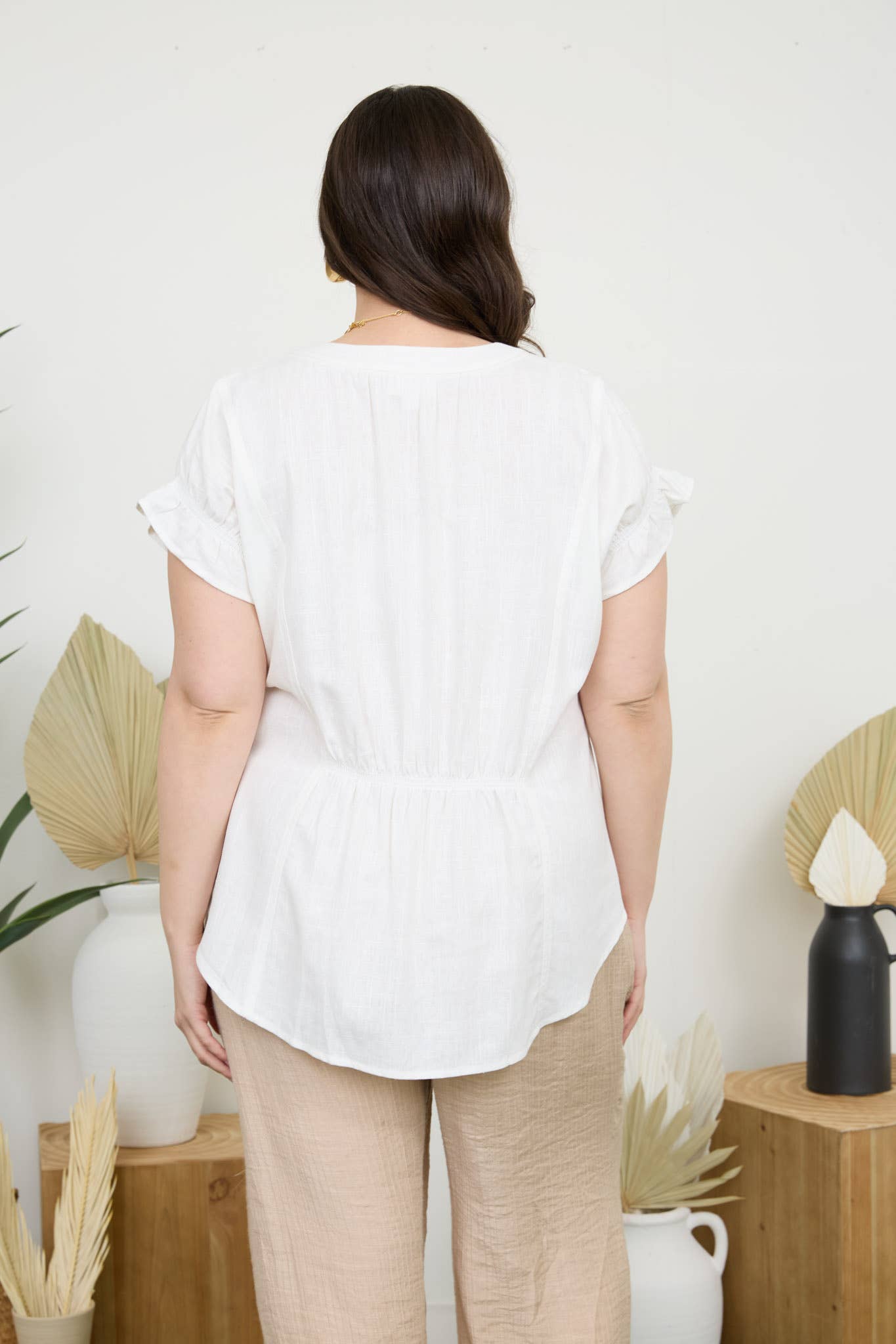 Curvy Ruched Sleeve Linen Blouse