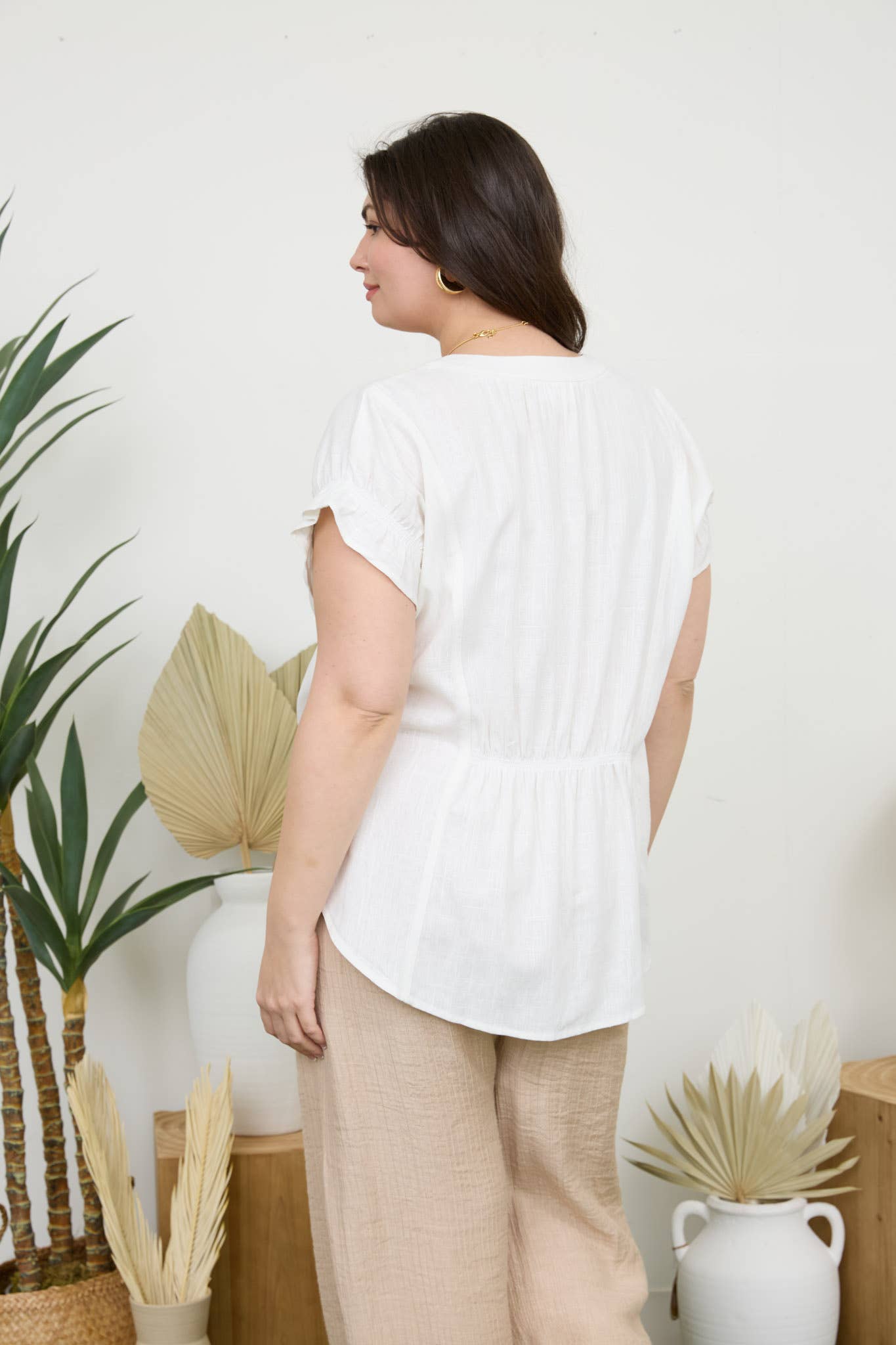 Curvy Ruched Sleeve Linen Blouse