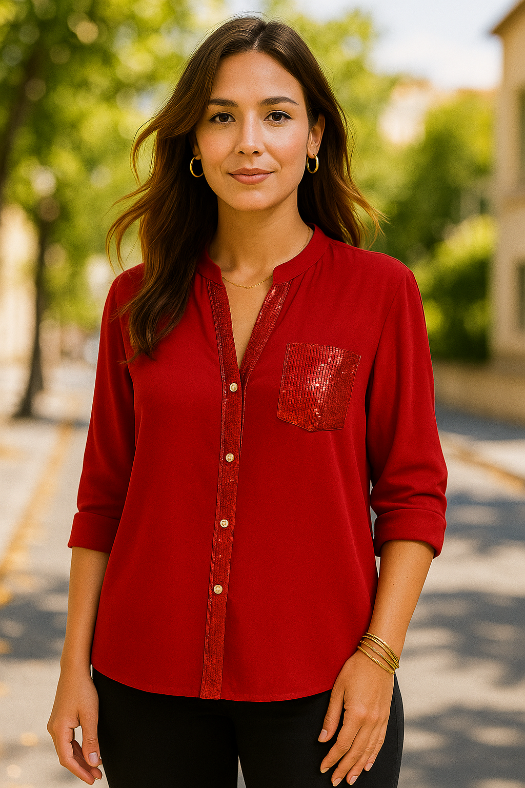 Red Sequin Trimmed Top
