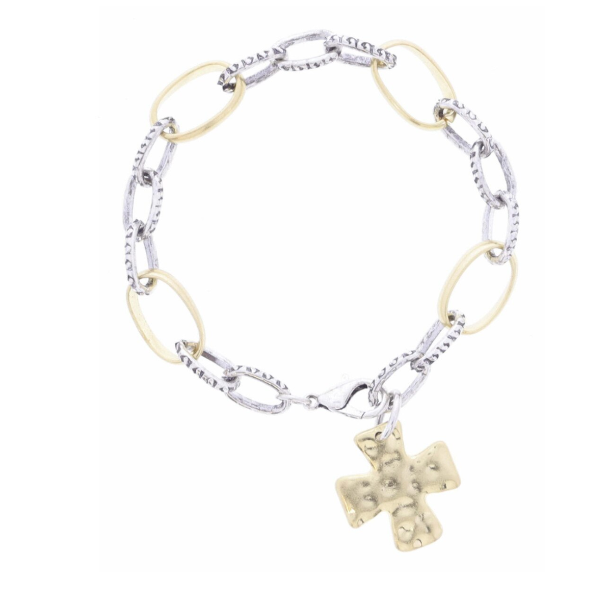 Antique 2-Tone Textured Paperclip Link Chain with Hammered Gold Square Cross Necklace