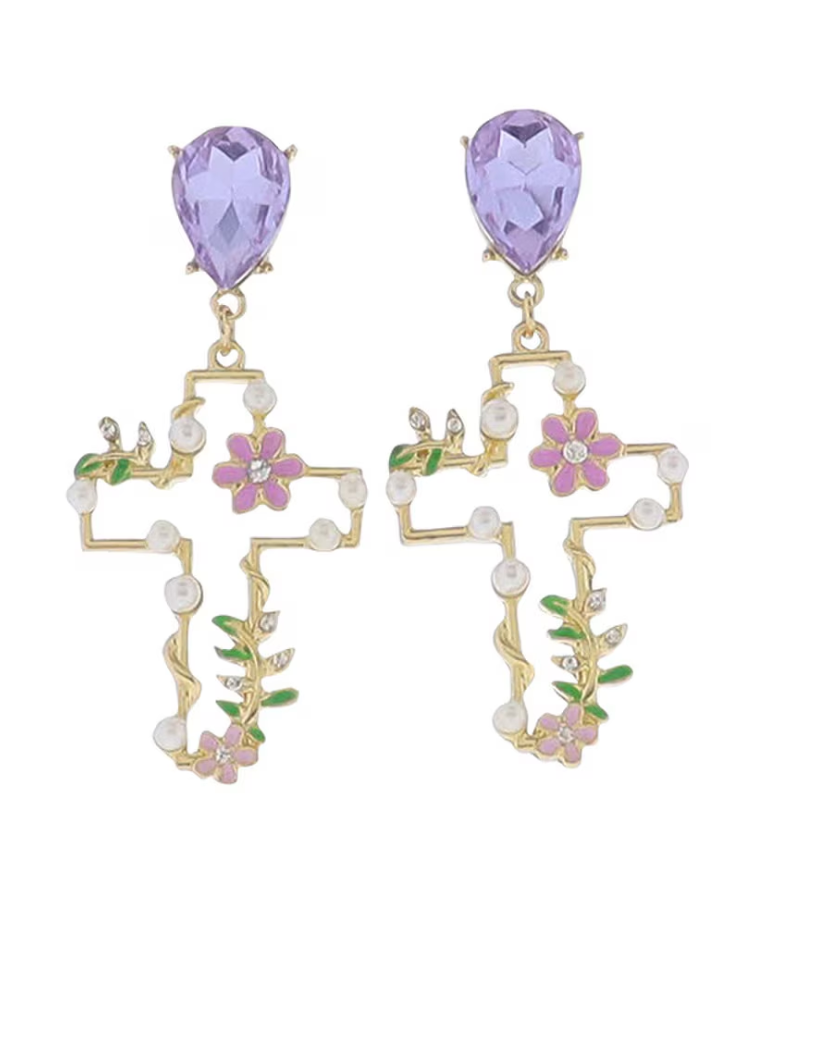 Gold Cross with Pearls and Flower Accents Earring