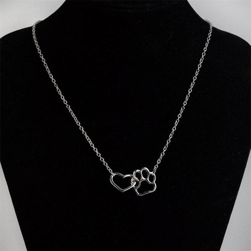 Dog Paw Heart Interlocking Charm Necklace
