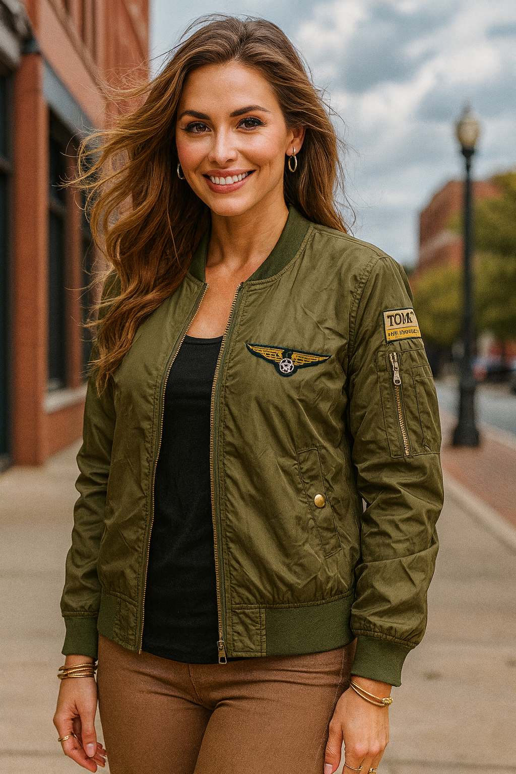 JK4078 Chic Olive Bomber Jacket