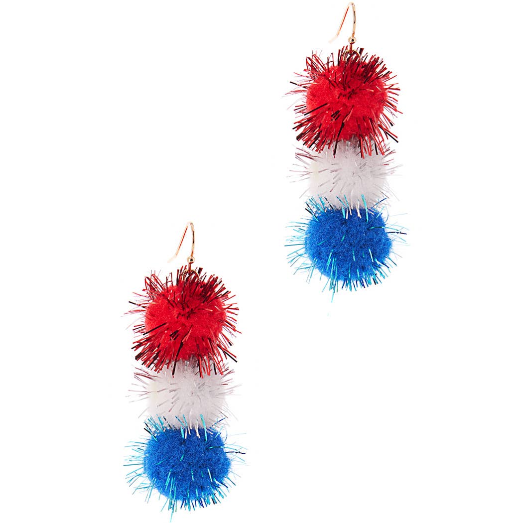 Red White Blue US Theme Pom Pom Hook Earring