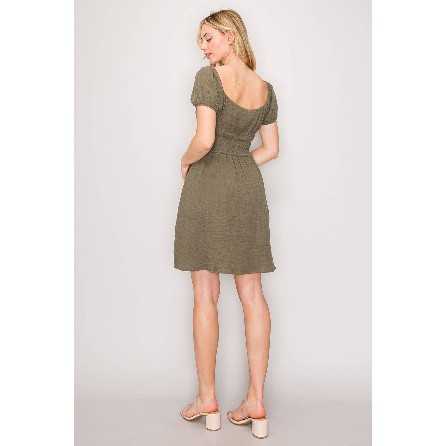 Bubble Short Sleeve Smocked Waist Woven Mini Dress