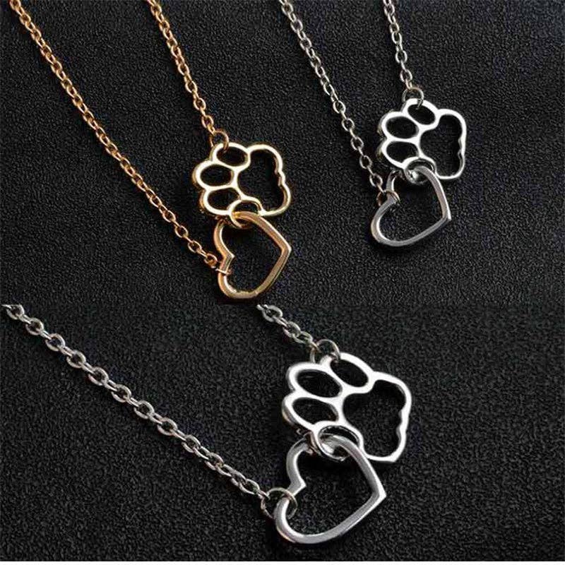 Dog Paw Heart Interlocking Charm Necklace