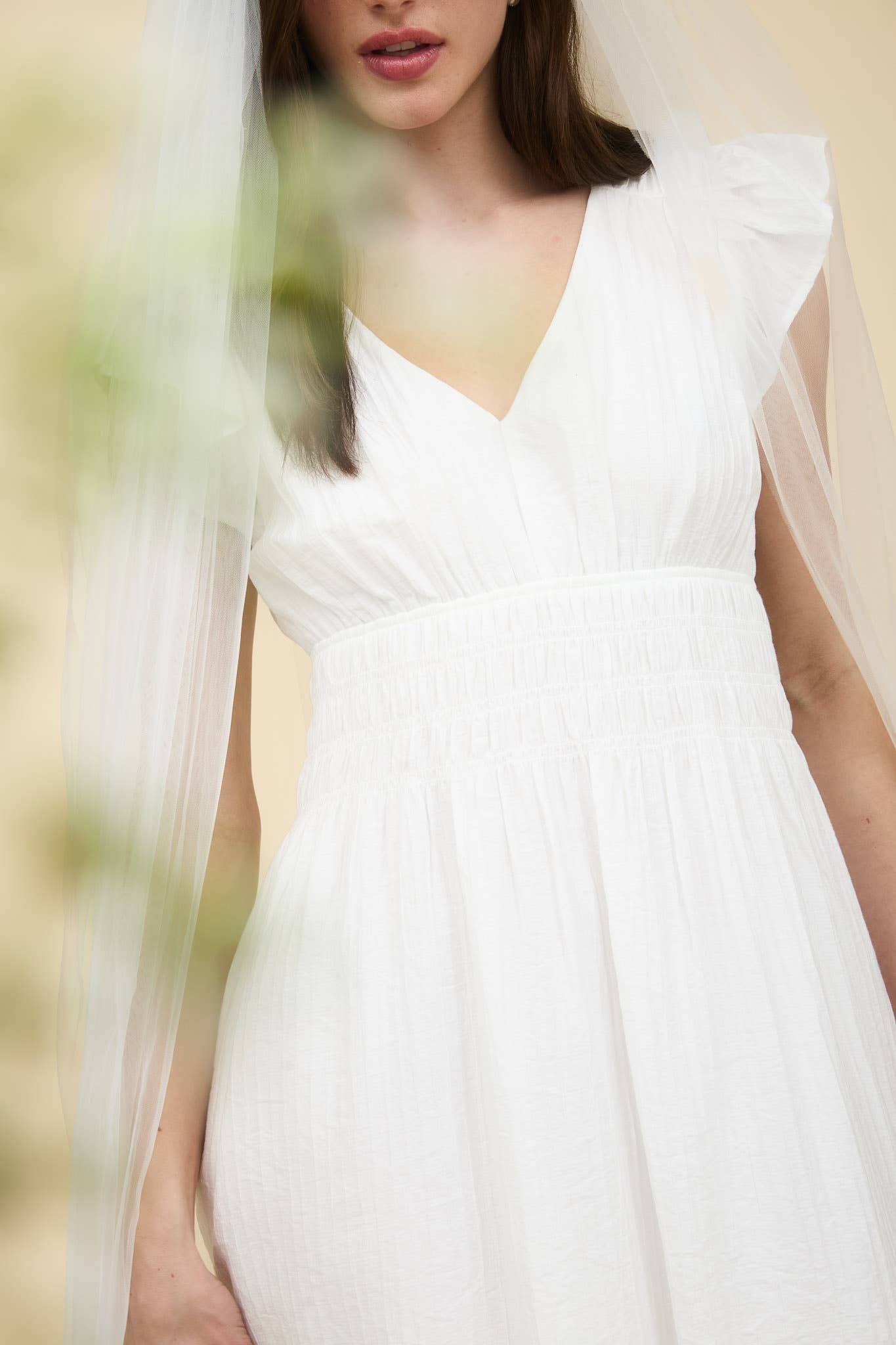 Stylish RUFFLE SLEEVE MINI DRESS with V neckline and shirred elastic waist, perfect for any occasion.