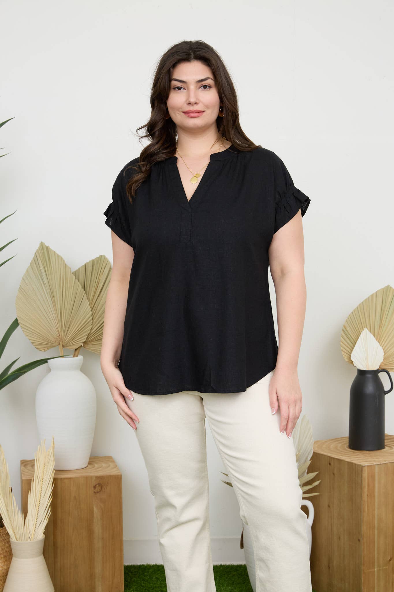 Stylish Curvy Ruched Sleeve Linen Blouse featuring a split neckline and elastic ruched details, perfect for any occasion.