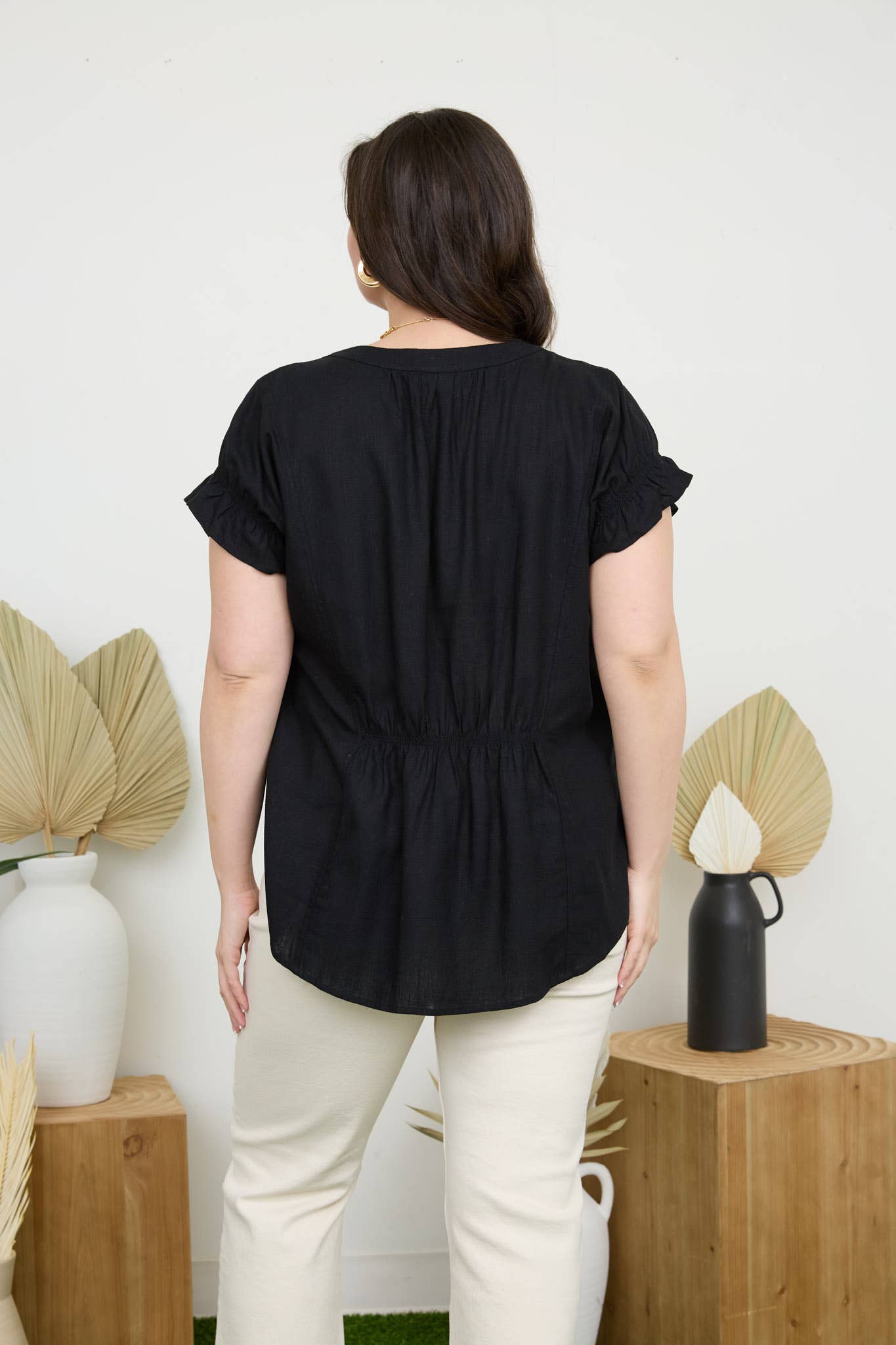 Curvy Ruched Sleeve Linen Blouse featuring a split neckline and elastic ruched details, perfect for a stylish look.