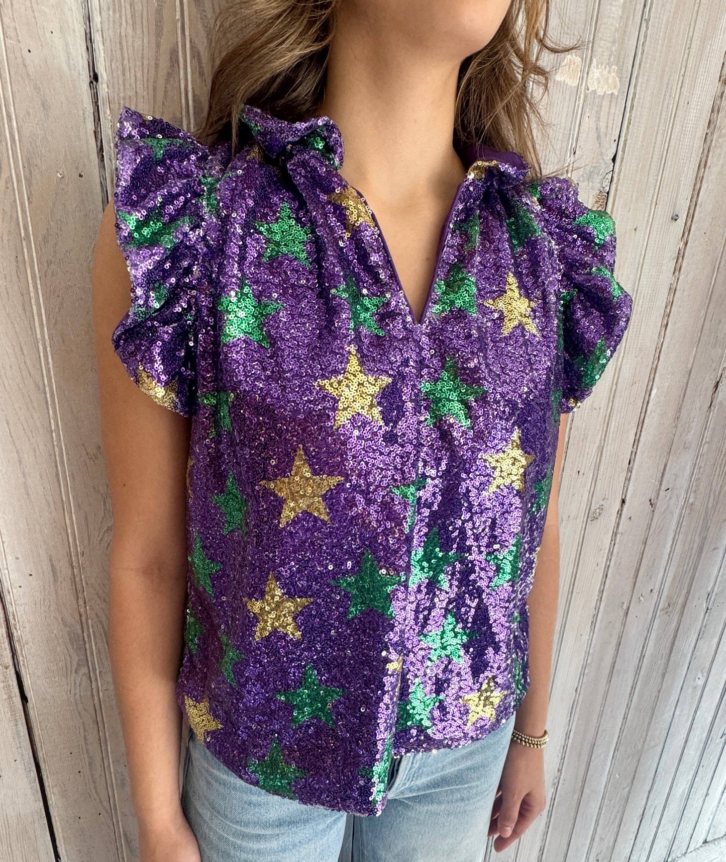 NM Mardi Gras Star Sequin Flutter Sleeve