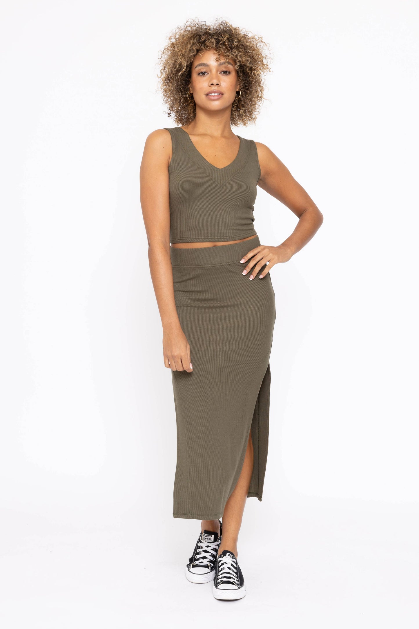 Ribbed High Waisted Midi Skirt