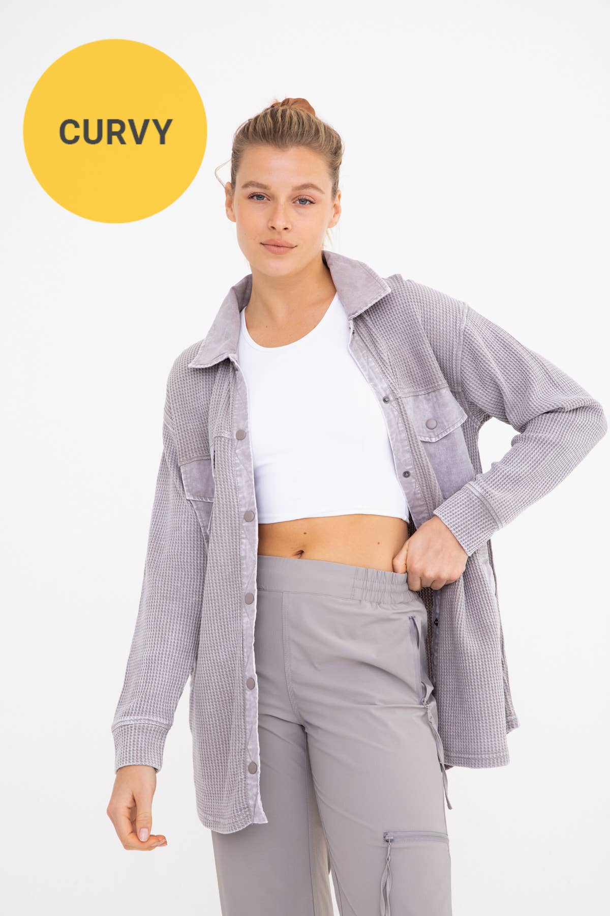 CURVY Waffle Button Down Jacket
