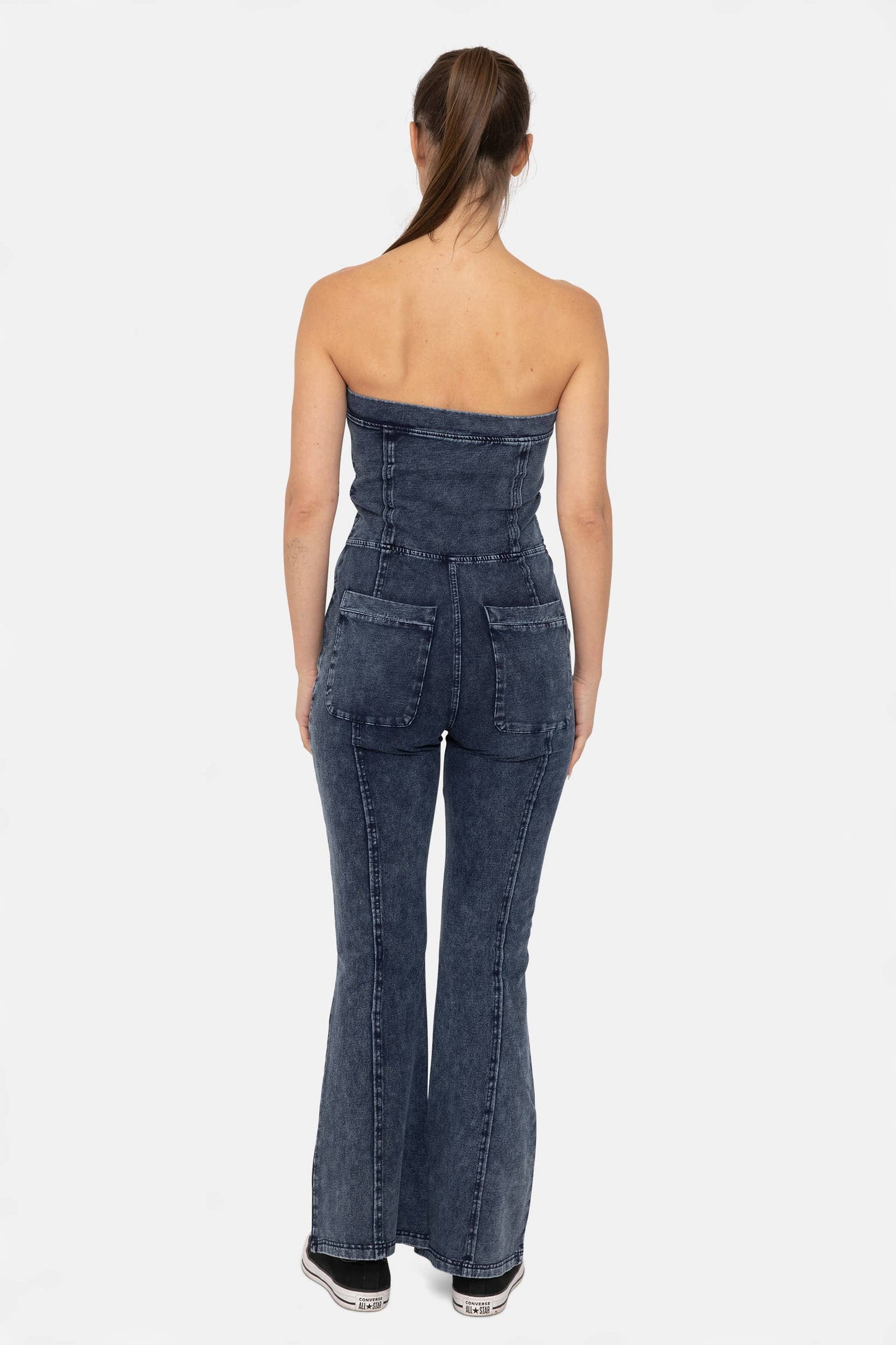 Denim Strapless Flared Jumpsuit