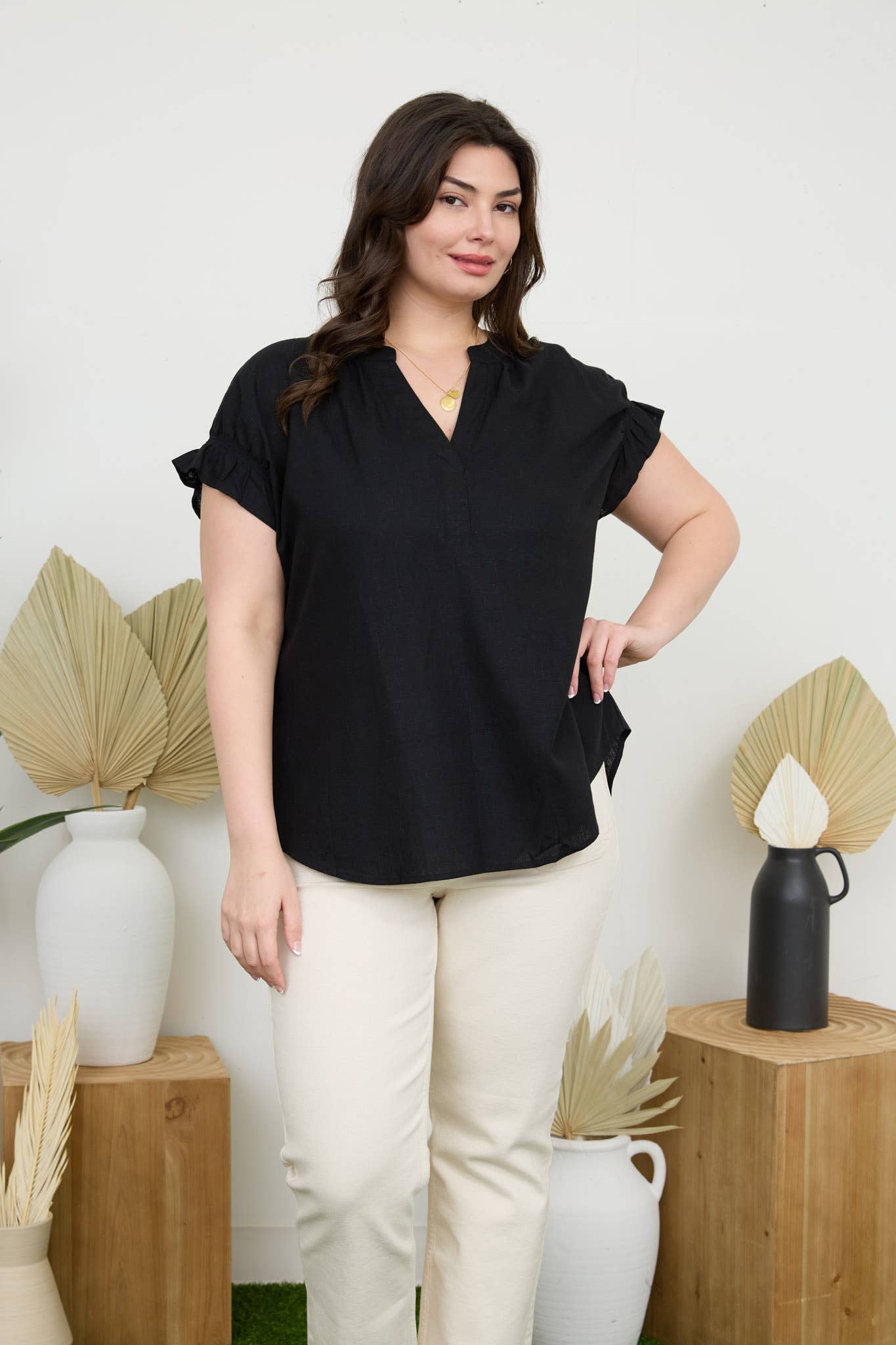 Stylish Curvy Ruched Sleeve Linen Blouse featuring a split neckline and elastic ruched details, perfect for any occasion.