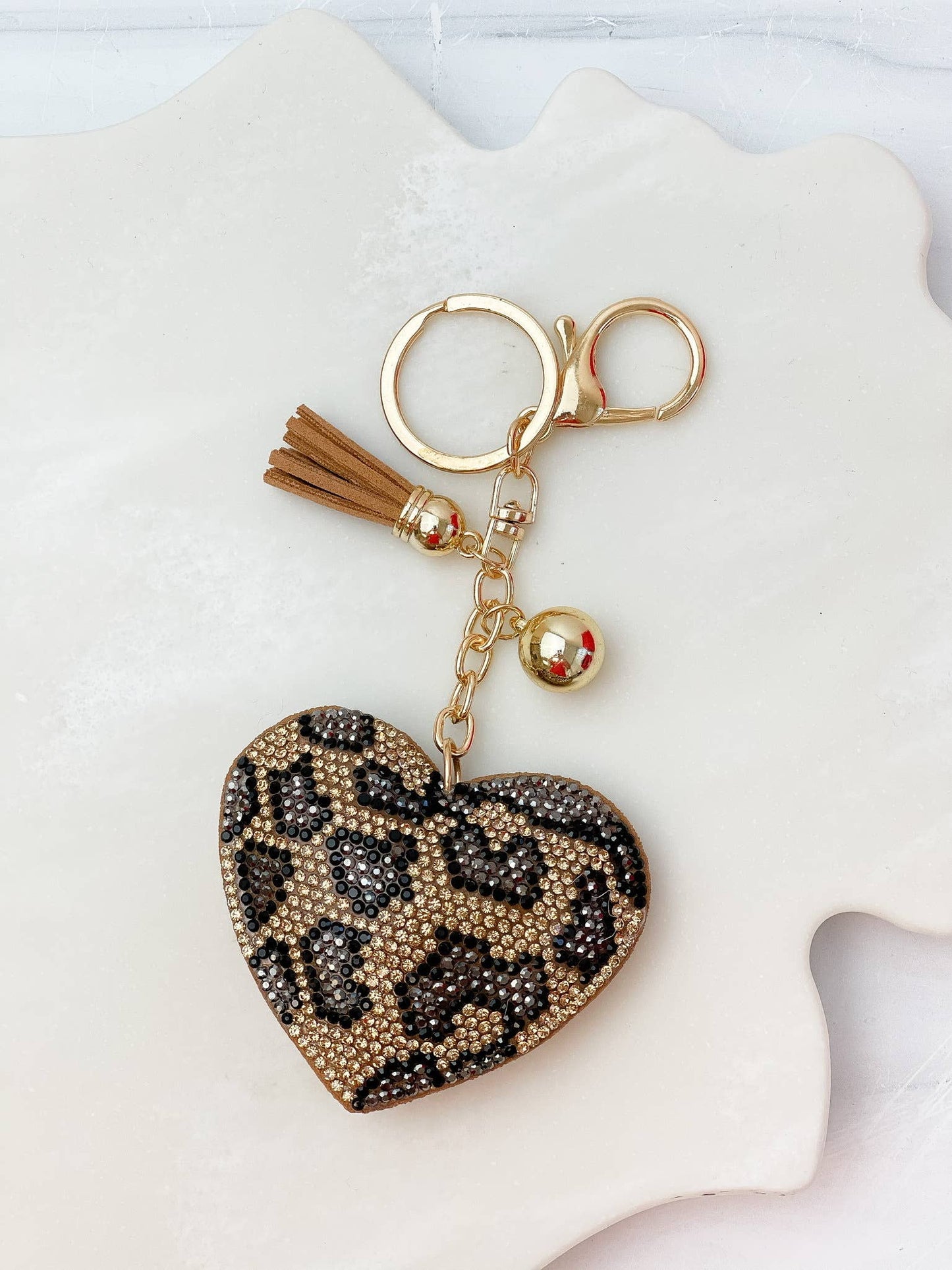 Glitzy Rhinestone Leopard Heart Key Chain
