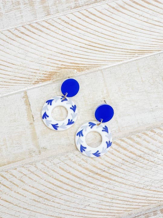 Printed Blue & White Dangle Earrings