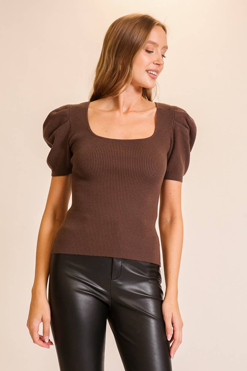 Puff Sleeve Sweater Ribbed Knit Top 3