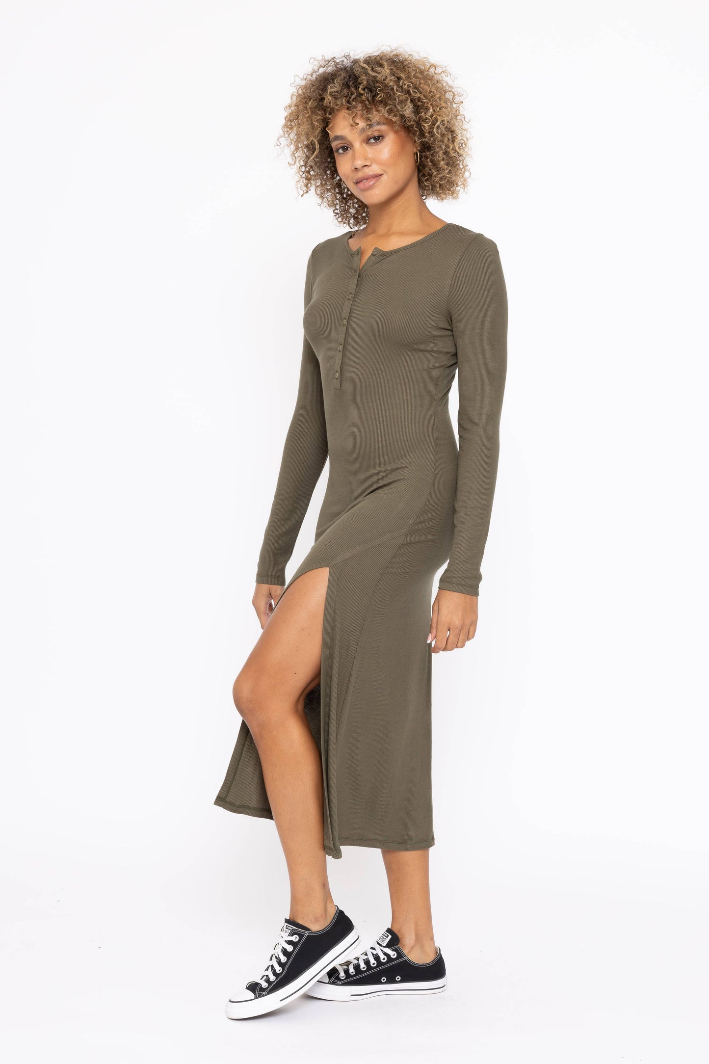 Long Sleeve Ribbed Henley Maxi Dress