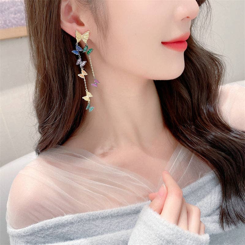 Color Butterfly Dangle Drop Tassel Earrings in Solid Copper