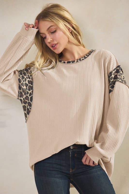 Beige Animal Contrast Top: ribbed long-sleeve with leopard-print panels at shoulders and neckline.