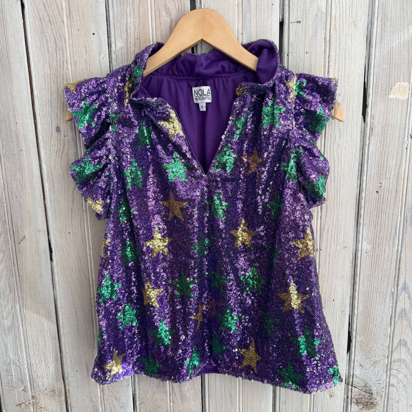 NM Mardi Gras Star Sequin Flutter Sleeve