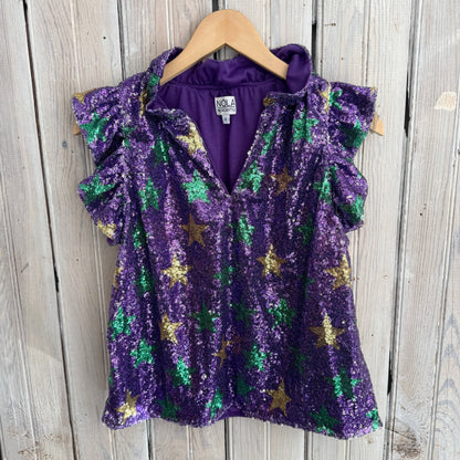 NM Mardi Gras Star Sequin Flutter Sleeve