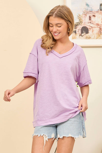 Raw Edge Detail Cotton V Neck Top
