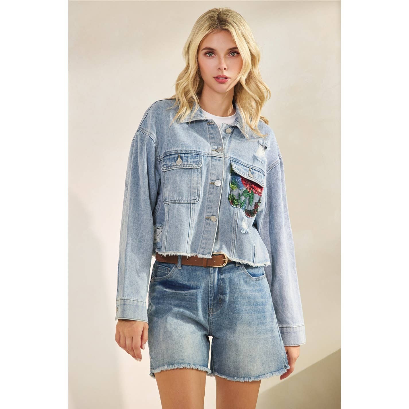 Classic Denim Jacket with Lace Floral Contrast