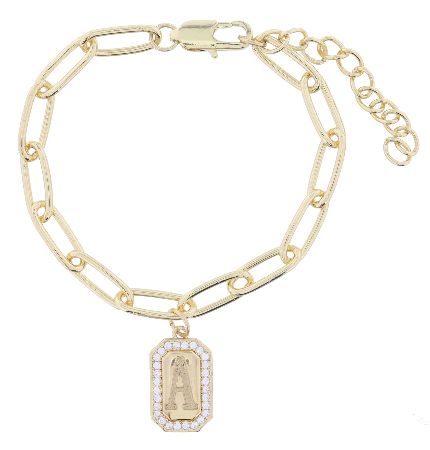 Gold Paperclip Chain with initial Emerald Plate Bracelet