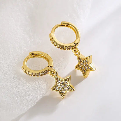 Gold Plated Star Dangle Earrings with Rhinestones