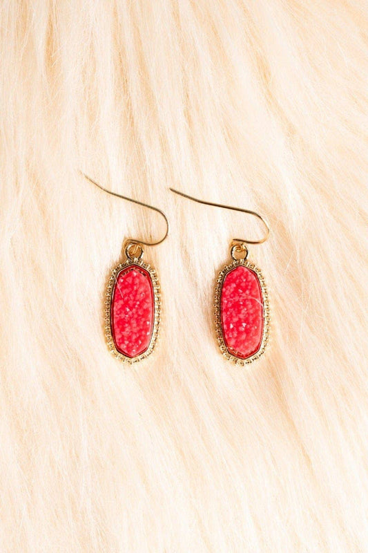 Stylish Druzy Stone Oval Hexagon Drop Earrings in goldtone, perfect for adding flair to any outfit.