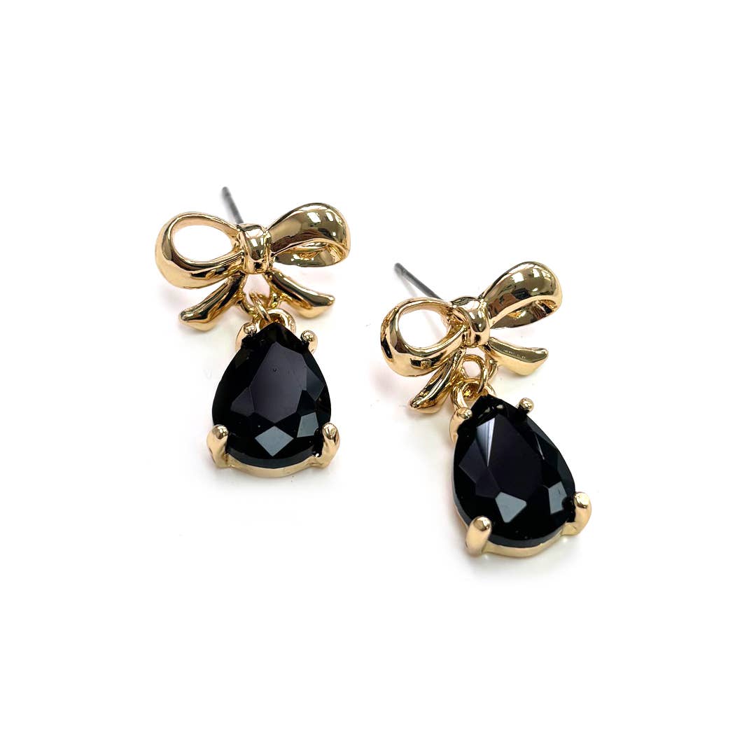 Gold Top Bow w/ Teardrop Glass Dangle Earrings