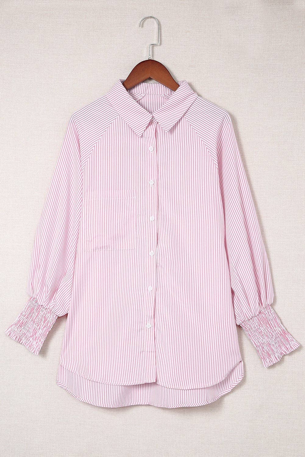 Striped Smocked Sleeve Buttoned Shirt