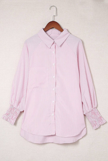 Striped Smocked Sleeve Buttoned Shirt