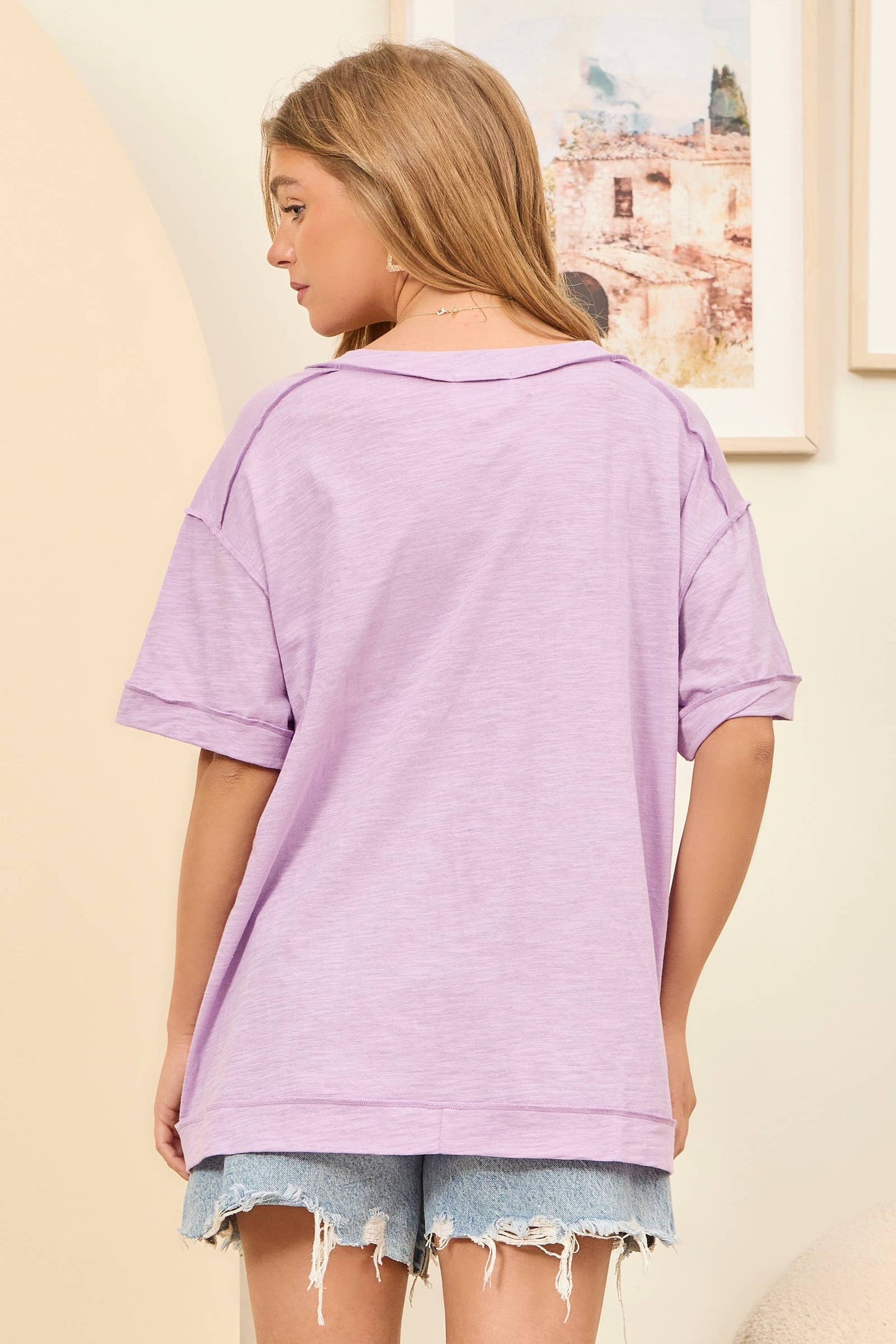 Raw Edge Detail Cotton V Neck Top