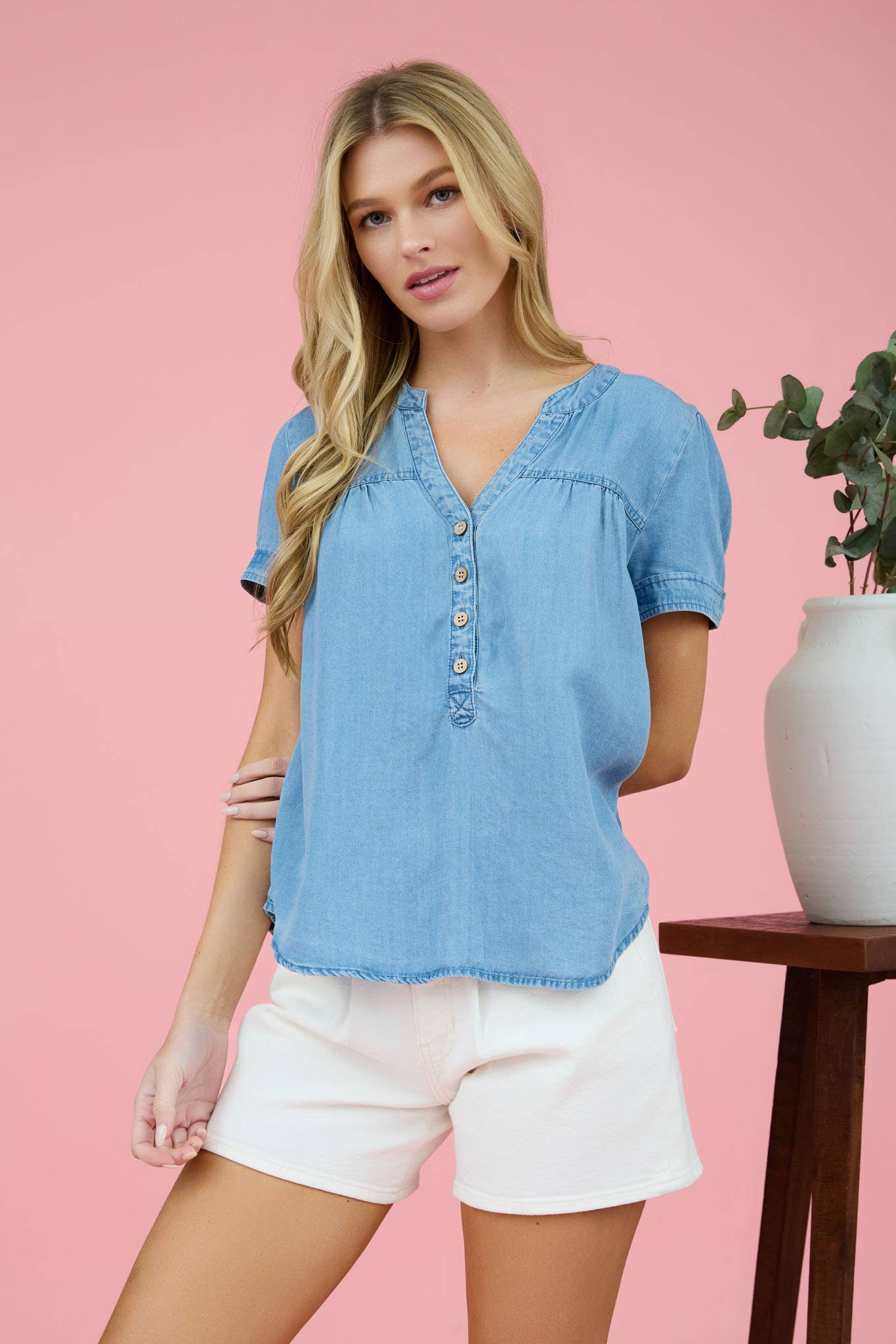 CHAMBRAY HALF BUTTON BLOUSE